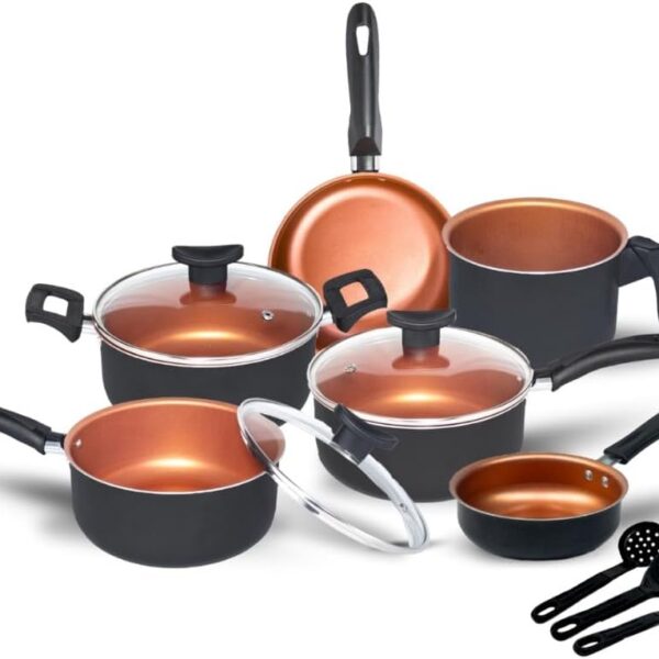 Conjunto de Panelas Antiaderente com Tampa de Vidro, 9 Peças, Revestimento Teflon, Cor Cobre, Utensílios em Nylon, Frigideiras e Caçarolas