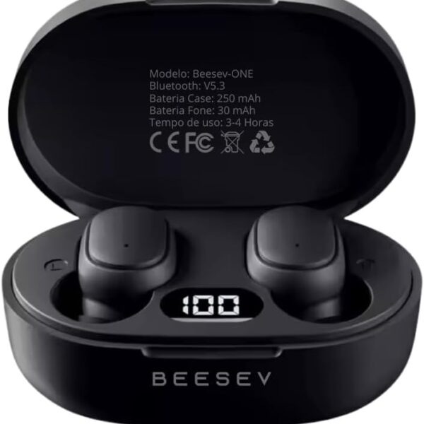 Fone de Ouvido Bluetooth 5.3 TWS Sem Fio Wireless Com Visor Graves Potente Compatível com iOS e Android, Beesev-ONE (Preto)