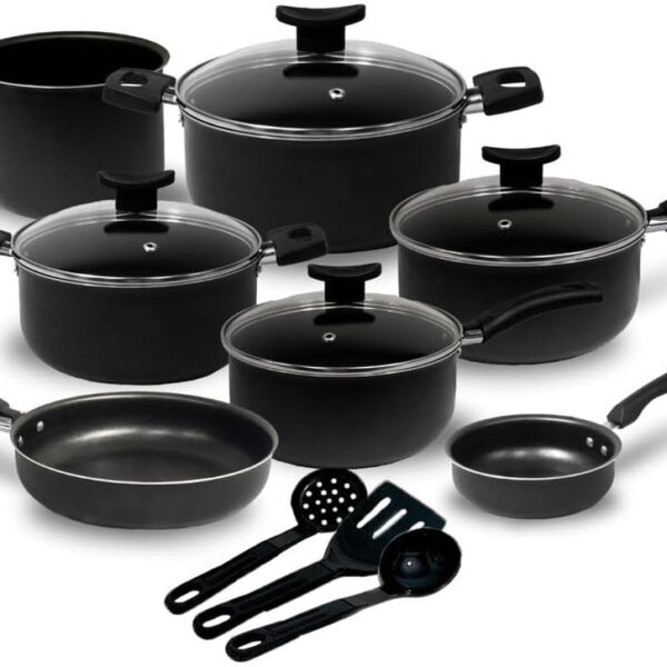 Jogo de Panelas 10 Peças Preto Antiaderente c/Tampa de Vidro e Utensílios