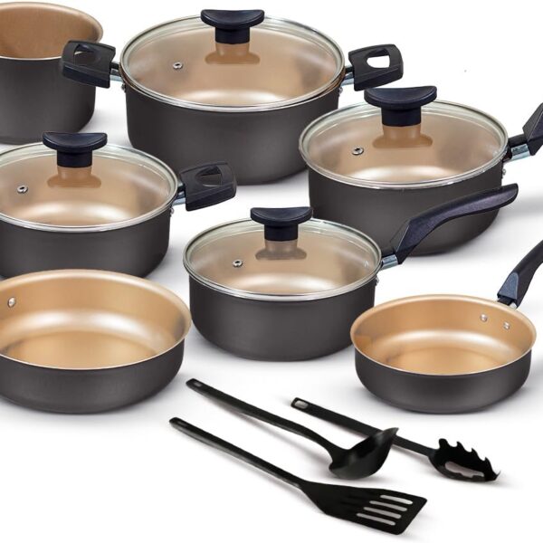 Jogo de Panelas Antiaderentes 10 Peças Conjunto Com Tampa de Vidro Temperado, Revestimento em Teflon, Alças Que Não Esquentam. Funciona em Fogão a Gás e Elétrico. Linha Essenza Tradicionale