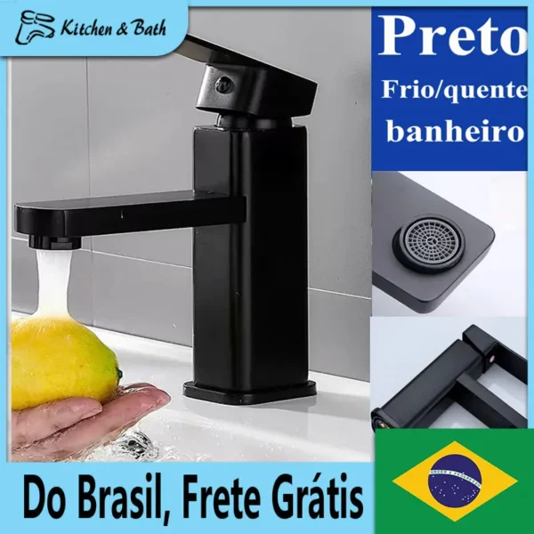 Torneira de cozinha prateada preta elegante, torneira de bacia de metal fosco de luxo com design quadrado