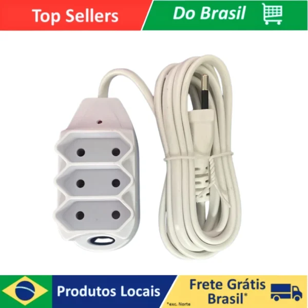 Extensão elétrica cabo reforçado de Energia 3 Tomadas, anti-chamas de 5 metros
