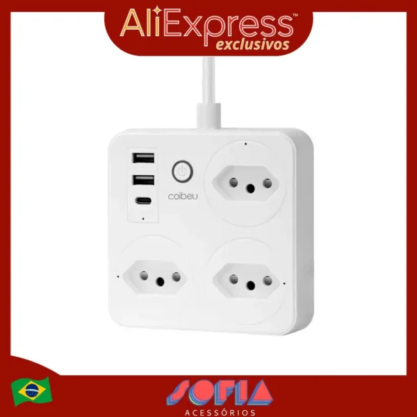 Tomada Inteligente Wi-Fi COIBEU Compatível Tuya Alexa Google Assistente 2 Metros Linha Controle Remoto Automação Residencial