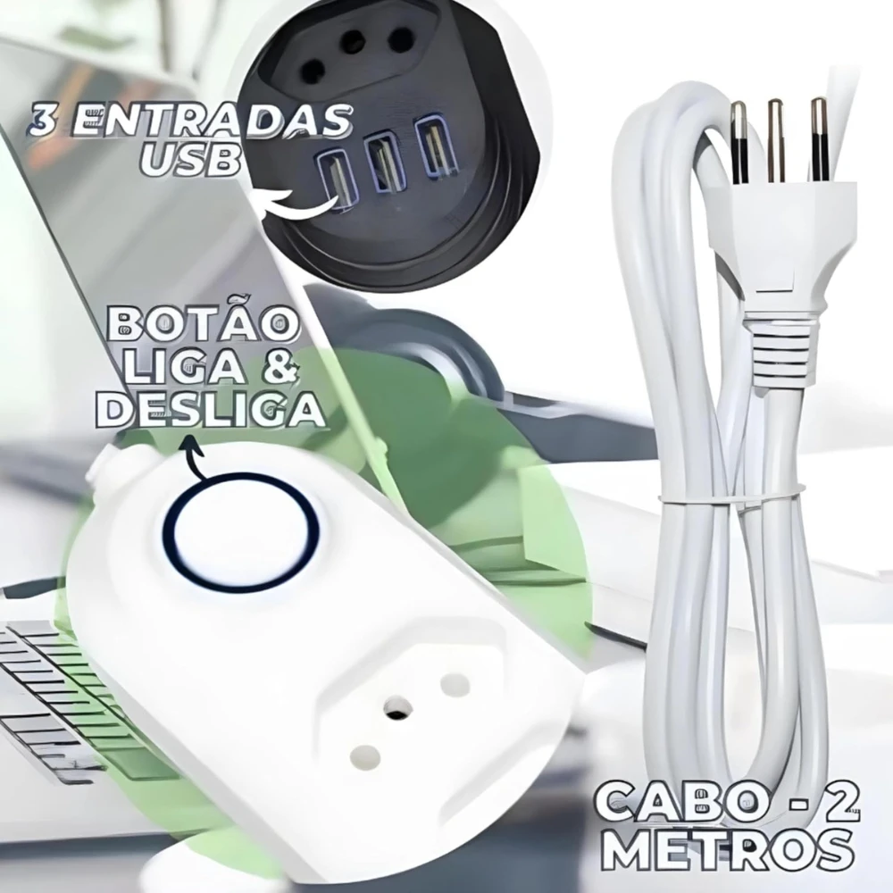 Extensão Elétrica Régua Filtro 5 Tomadas 2m com 3 Entradas USB 3 Entradas USB Interruptor - Imagem 5