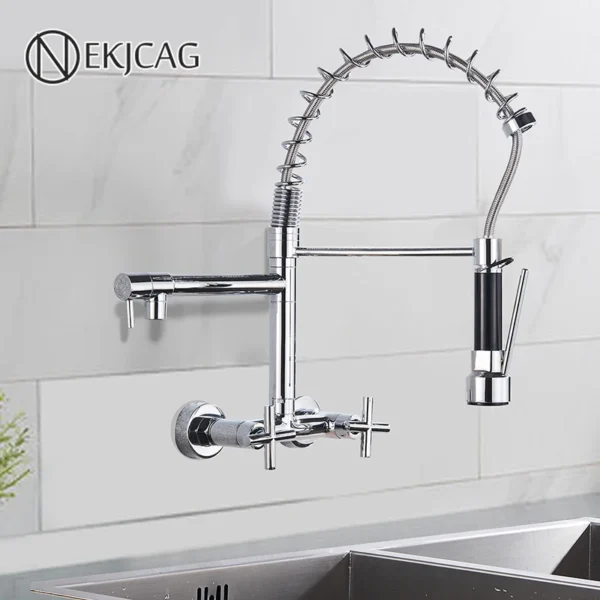 Chrome Spring Kitchen Faucet 360 Rotation Pull Down Hand Sprayer with Buckle Kitchen Taps Wall Mounted Cold Hot Water Mixer Taps