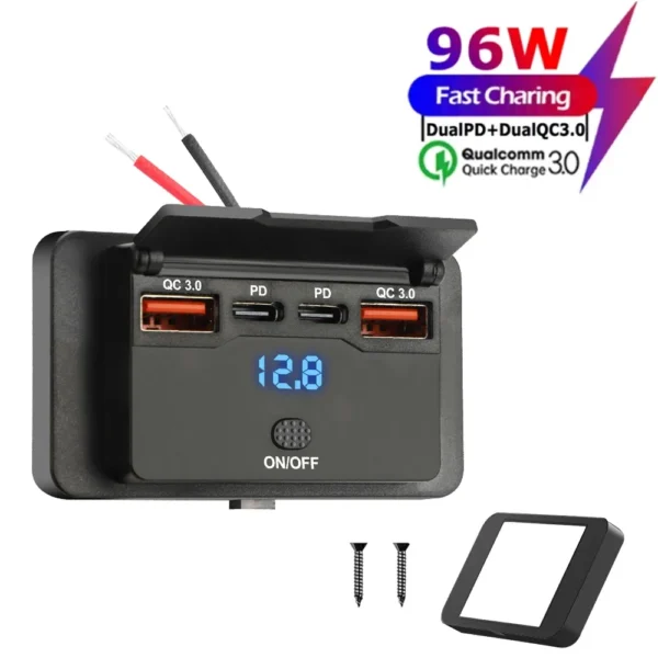 4 Ports Dual PD Dual QC 3.0 USB Car Charger with Switch 96W Quick Charging Socket USB Power for 12V/24V Car Boat Bus RV Truck