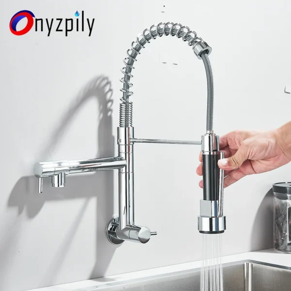Onyzpily Kitchen Faucet Pull Down Chrome Single Cold Water Wall Mounted Kitchen Taps 360 Rotation Dual Function Sprayer Taps