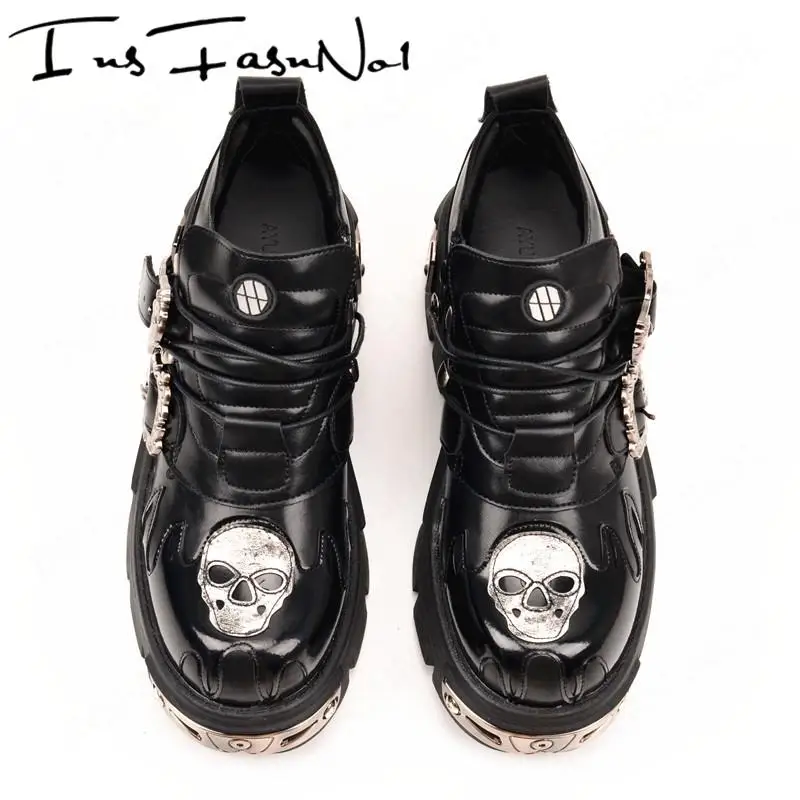 New Men's Gothic Skull Boots Black Women Shoes Designer Punk Metal Platform Walking Sneakers Skeleton Metal Buckles Ankle Boots - Imagem 2