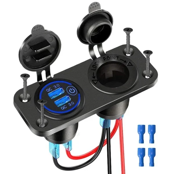 12V/24V Dual USB Socket Panel QC3.0 Car Charger Socket Adapter Outlet Cigarette Lighter Adapter for Car Boat RV Motorcycle