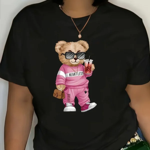 Bear Prin Crew Neck Regular Fit - Camiseta de moda para todas las estaciones Camiseta casual de poliéster para mujer con dibujos