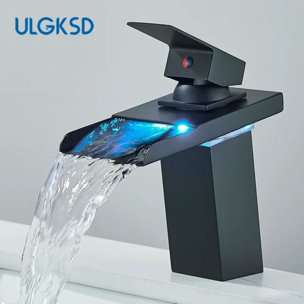 Black LED Bathroom Basin Faucet Temperature Induction Change Color Hot Cold Water Mixer Taps with Battery Box Deck Installation