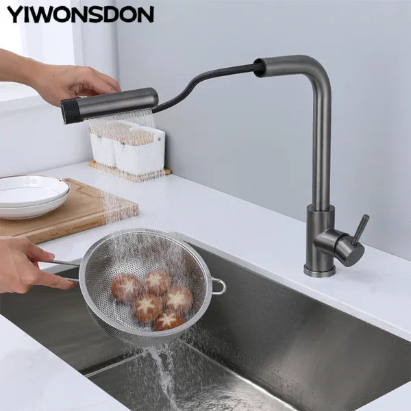 6 Mode Gray Kitchen Faucets Pull Out Rotation Waterfall Black Stream Sprayer Head Sink Mixer Brushed Nickle Water Tap Accessorie