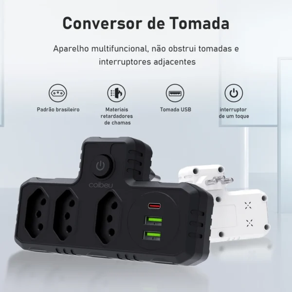 Power Ruler, Wall Socket, Brazilian Plug, 2 USB Socket, 1 Type-C, Adapter Socket
