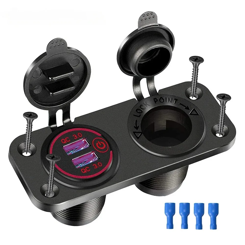 12V/24V Dual USB Socket Panel QC3.0 Car Charger Socket Adapter Outlet Cigarette Lighter Adapter for Car Boat RV Motorcycle - Imagem 3