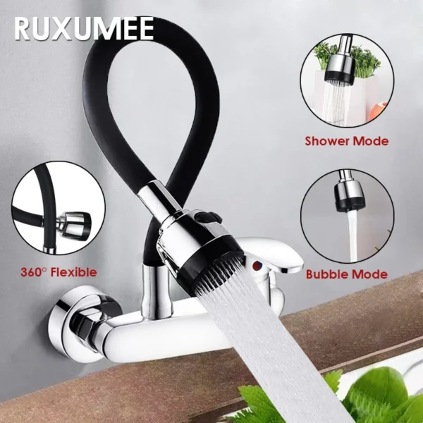 360 Rotatable Flexible Wall Mounted Kitchen Faucet Polished Chrome 2 Modes Hot and Cold Water Sink Faucet Taps Black