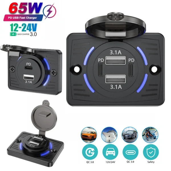 Dual PD Dual USB Car Charger Dual USB Fast Charging Adapter Waterproof Socket Power Adapter 12V/24V for Car Truck Boat ATV RV