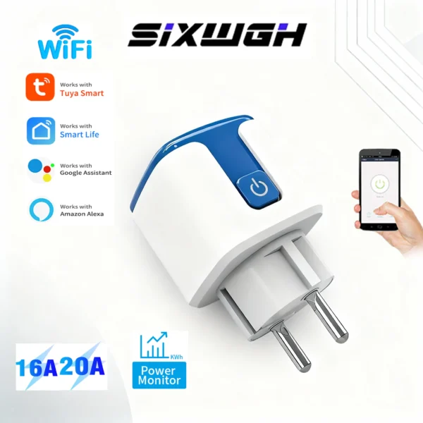 Sixwgh Tuya WiFi Smart Socket (16A/20A EU) Mobile Remote Control+Timed Switch Supports Battery Statistics And Voice Assistant