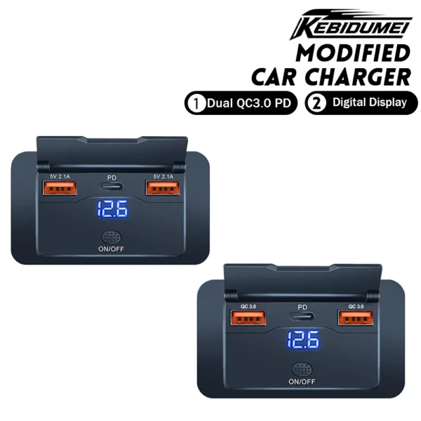 KEBIDUMEI 3 Ports Car Charger Socket Panel Dual QC3.0/2.1A+PD Outlet 12V/24V Fast Charging Adapter for Bus Truck Car Accessories