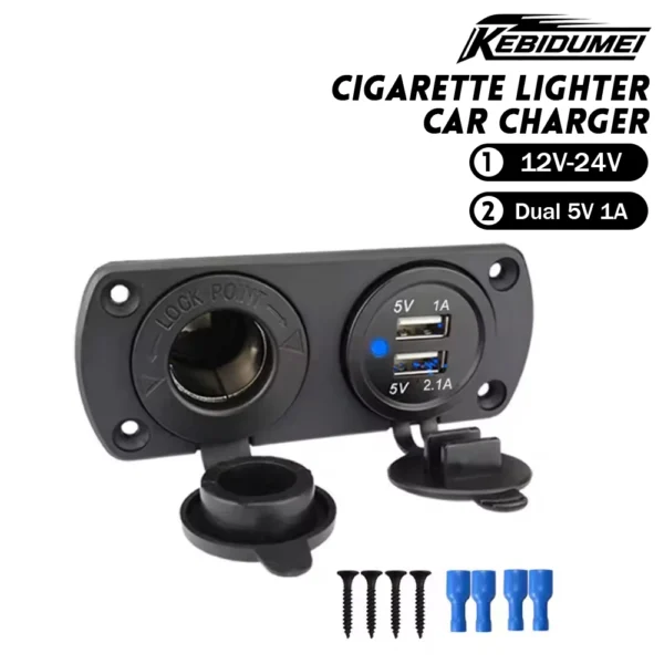 KEBIDUMEI Car Cigarette Lighter Socket Splitter 12V-24V Charger Dual USB Power Adapter Socket Panel Mount Outlet Car Accessories
