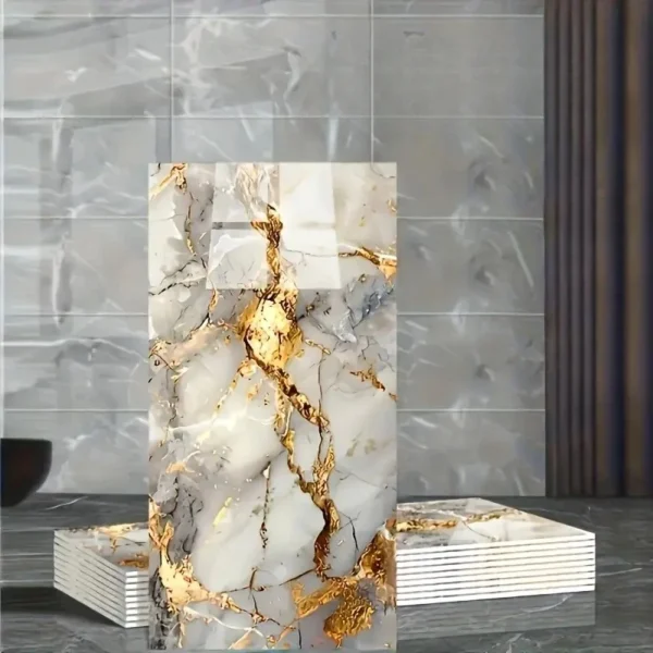 10PCS 3D Marble Effect Tile Stickers Waterproof Self Adhesive Panels for Bathroom Kitchen Wall Floor Renovation Home Decor