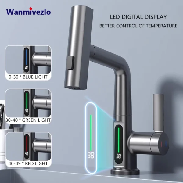 Gun Grey Intelligent Digital Display Waterfall Pull Out Kitchen Faucet Cold Hot Mixer Taps Rotatable Sink Lifting Basin Faucet