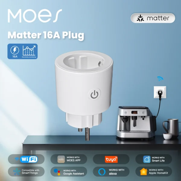 MOES Smart Plug Matter Wi-Fi Socket 16A Smart Timer Outlet Power Monitor Support TUYA Apple Homekit Work With Google Home Alexa