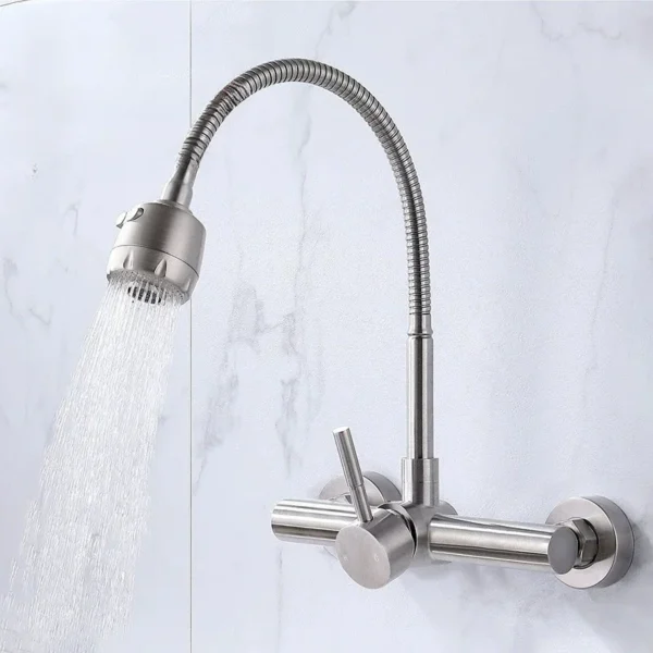 Wall Mounted Stream Sprayer Kitchen Faucet Single Handle Dual Holes SUS304 Stainless Steel Flexible Hose Kitchen Mixer Taps