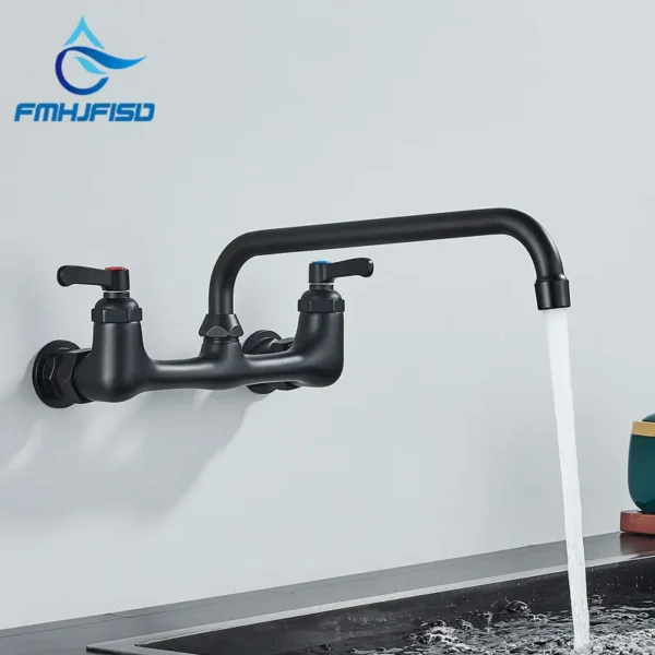 FMHJFISD Matte Black Long Spout Kitchen Sink Faucet Wall Mounted Hot and Cold Water Mixer Taps Dual Handle Crane Tapware