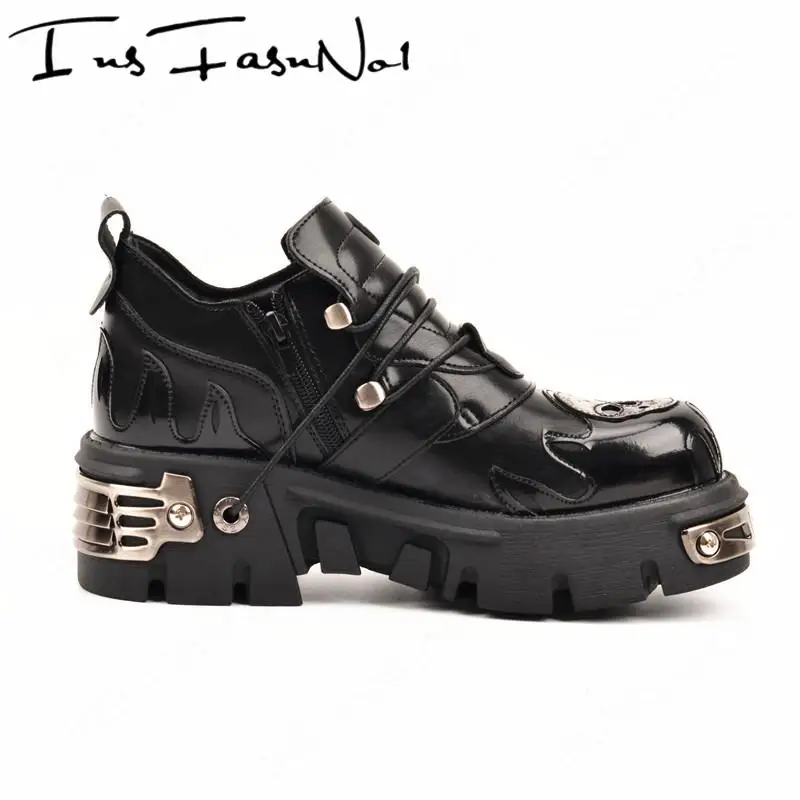 New Men's Gothic Skull Boots Black Women Shoes Designer Punk Metal Platform Walking Sneakers Skeleton Metal Buckles Ankle Boots - Imagem 3