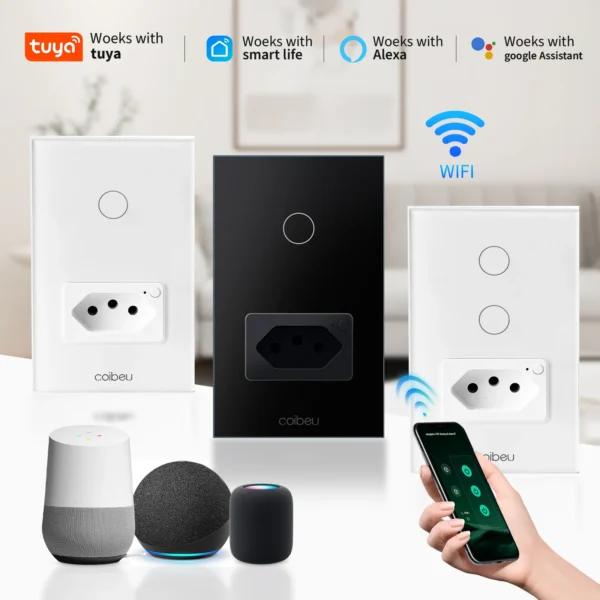 Tuya,Alexa,Google Assistant,10A, Brazil Light Switch, WiFi Smart Socket, Smart Switch, Touch Sensor, Coibeu