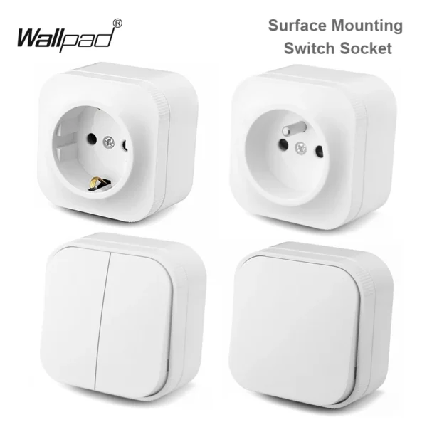EU French Surface Wall Mounted Electrical Socket Abs Material 1 2 Gang 1 2 Way On Off Light Wall Switch 65*65mm