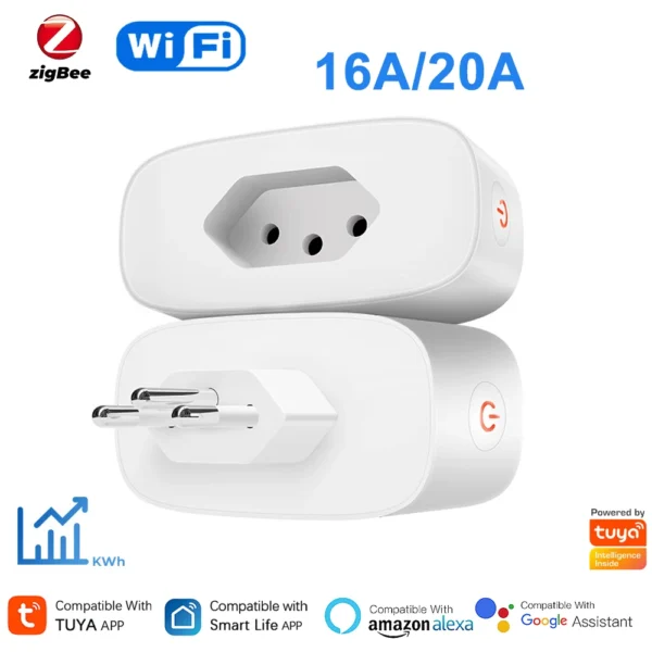 Tuya 20A/16A Brazil Socket Zigbee/WiFi Smart Plug Power Monitor Outlets Remote Timing Voice Control Works With Alexa Google Home