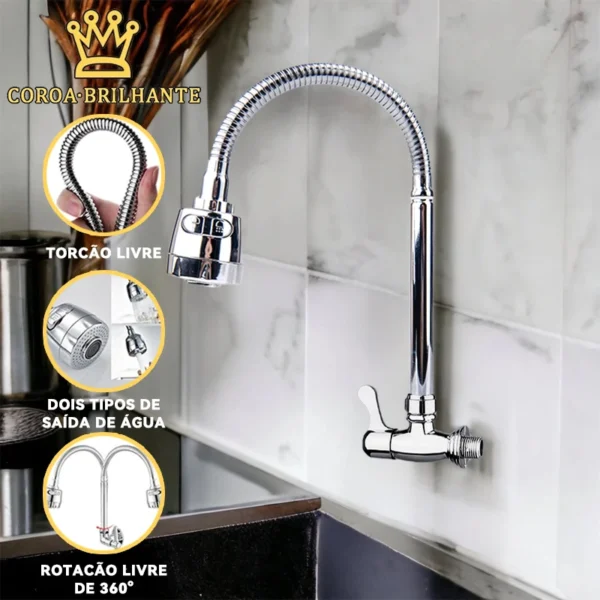 Torneira de cozinha contemporânea com cabeça de chuveiro giratória, torneira de parede de aço inoxidável