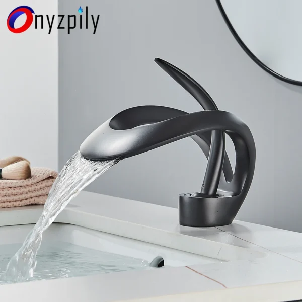 Bathroom Basin Faucet Luxury Grey Bathroom Brass Single Handle Waterfall Mixer Tap Modern Style Hot Cold Water Sink Mixer Crane